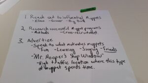 Flip chart written in black marker that says, "Reach out to influential MuppetsElmo
Grover
Big Bird
Research successful Muppet programs

Methods
Cross-recruitment.
Advertise

Speak to what motivates muppets
Fun
Learning
Singing
Friends
"Mr. Hooper's Shop Window"
High traffic location where this type of muppet spends time."